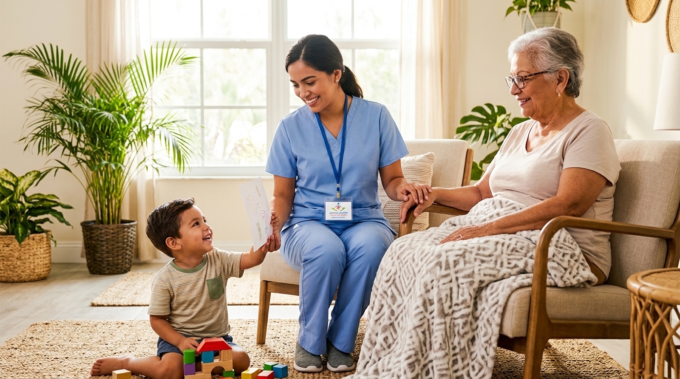 A caregiver sharing a warm moment at home with a child and an older adult